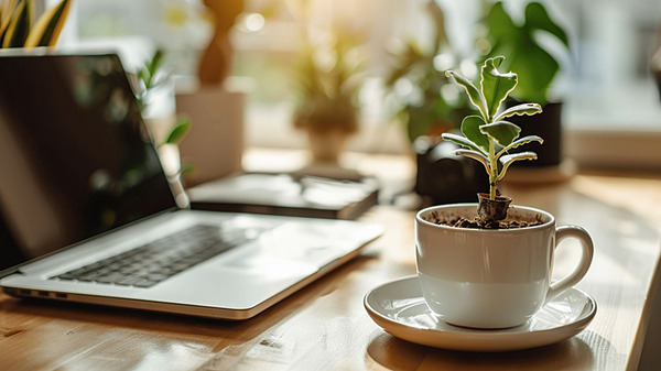 Radni stol s bilješkom, biljkama i šalicom kao dio mirne radne atmosfere